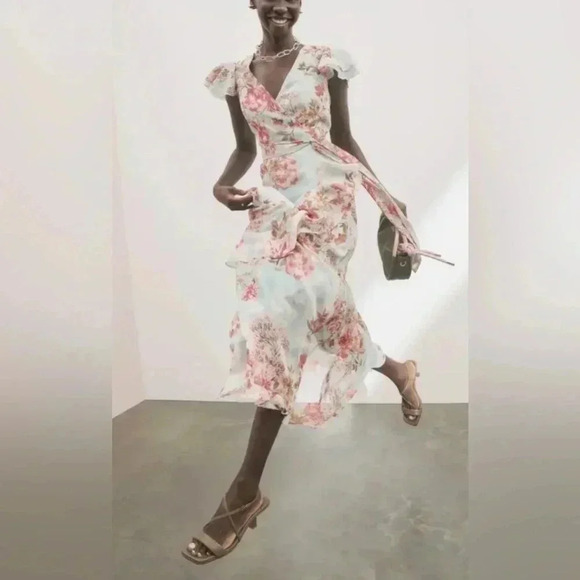 Eliza J Women’s Mint Green Flutter Floral Midi Sleeveless Belted Dress Size 8 - Picture 2 of 11